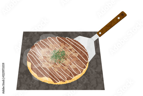 手描き風・ヘラと鉄板の上のお好み焼きのベクターイラスト
