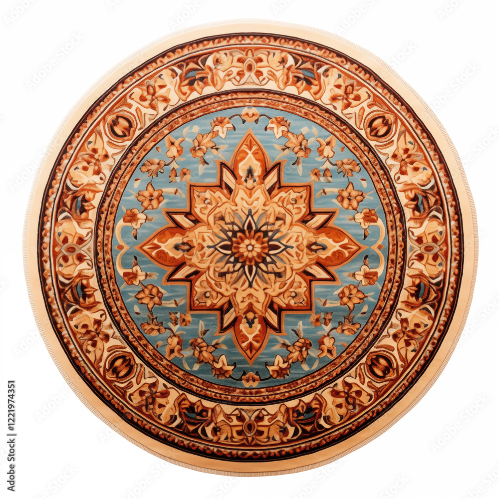 Fototapeta premium Round Rug Beige and Blue Floral Mandala Oriental Carpet Home Decor