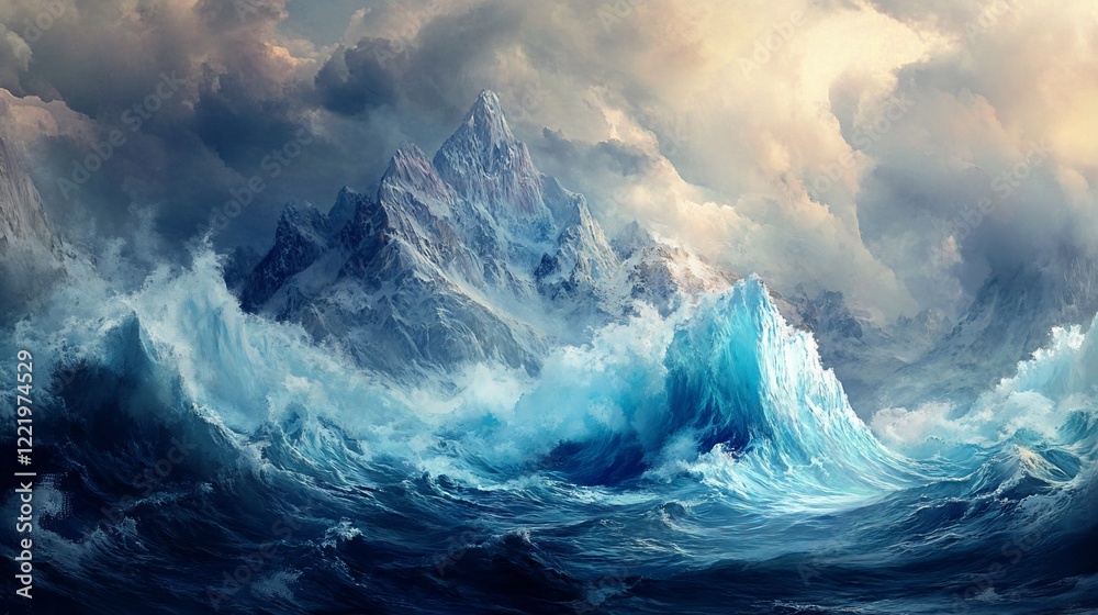 Dramatic scene of towering mountains rising behind rough seas and stormy skies Dramatic scene of towering mountains rising behind rough seas and stormy skies