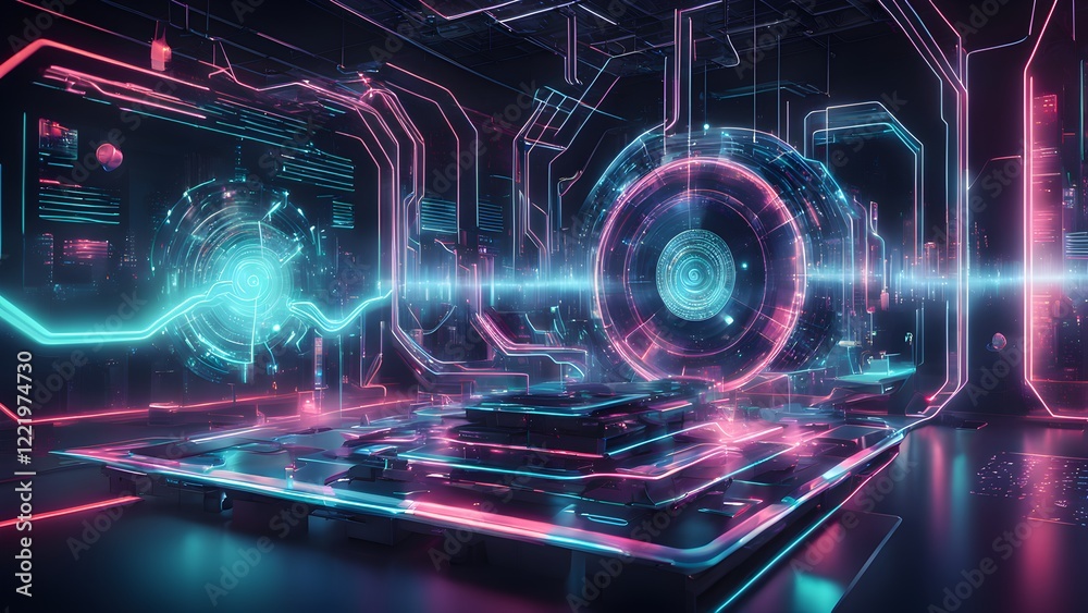 Fototapeta premium Abstract futuristic neon cyberpunk interior with glowing circuit board design and holographic display.