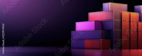 A vibrant arrangement of shipping containers in various colors, set against a dark backdrop, creating a modern, industrial aesthetic.