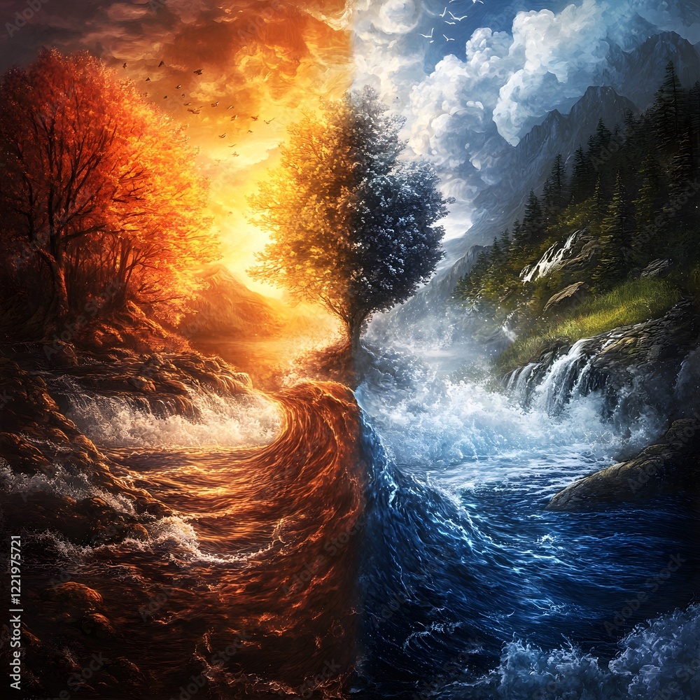 Fototapeta premium A water and fire between rocks