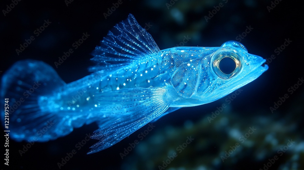 A translucent blue fish with white spots swims in dark water showcasing its delicate fins A translucent blue fish with white spots swims in dark water showcasing its delicate fins