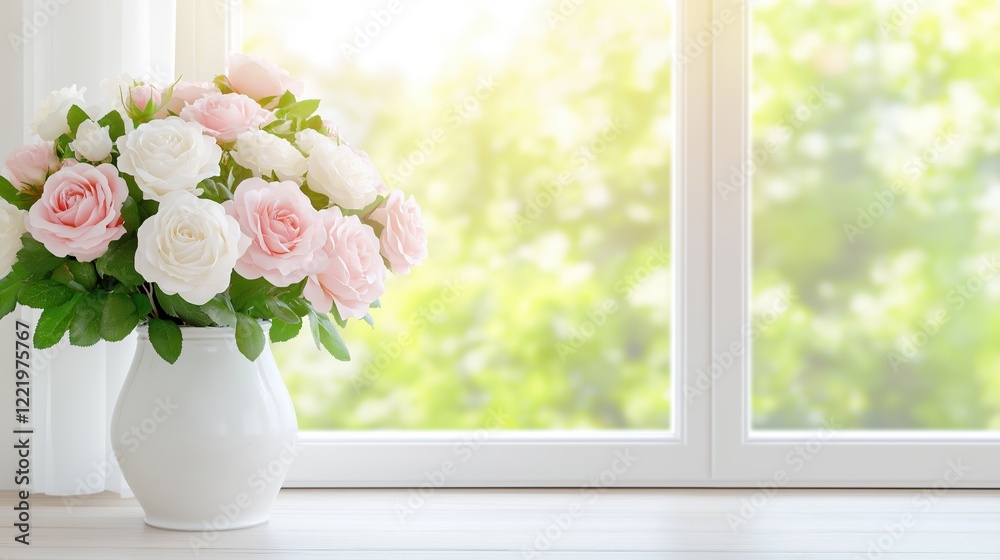 Elegant bouquet of pink and white roses in a vase by a sunlit window Elegant bouquet of pink and white roses in a vase by a sunlit window