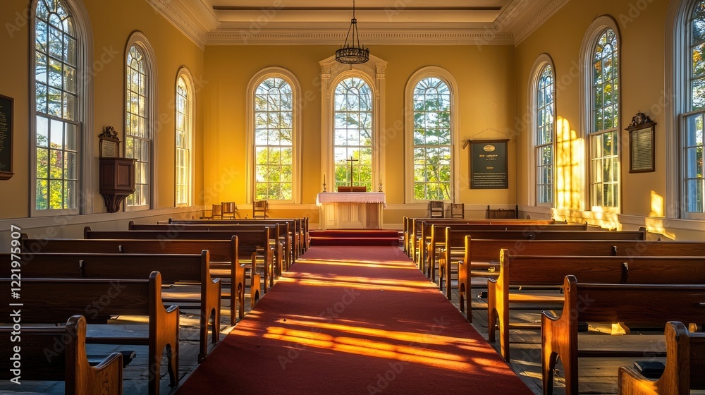 Fototapeta premium the interior of a church with sunlight streaming through the windows, creating a warm and inviting atmosphere.
