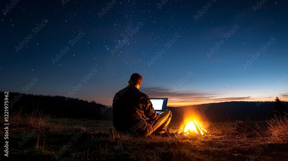 Person Using Laptop by Campfire Under Starry Sky in Peaceful Wilderness at Sunset Person Using Laptop by Campfire Under Starry Sky in Peaceful Wilderness at Sunset