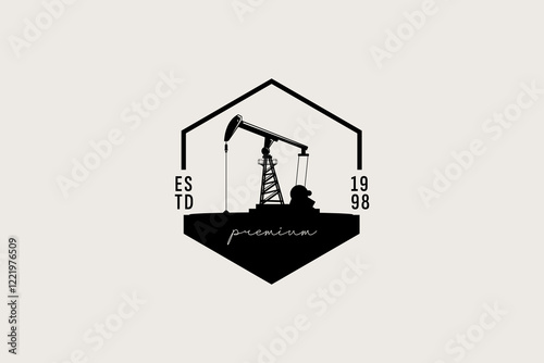 Vintage Retro Crude Oil Mining Pump Machine Silhouette Logo design