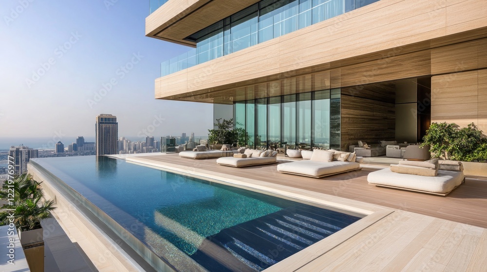 Obraz premium Cityscape view from infinity pool luxury penthouse