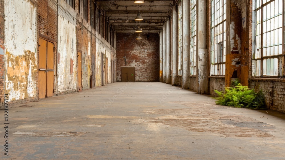 Abandoned Industrial Space with Weathered Walls and Natural Light Streaming Through Large Windows Abandoned Industrial Space with Weathered Walls and Natural Light Streaming Through Large Windows