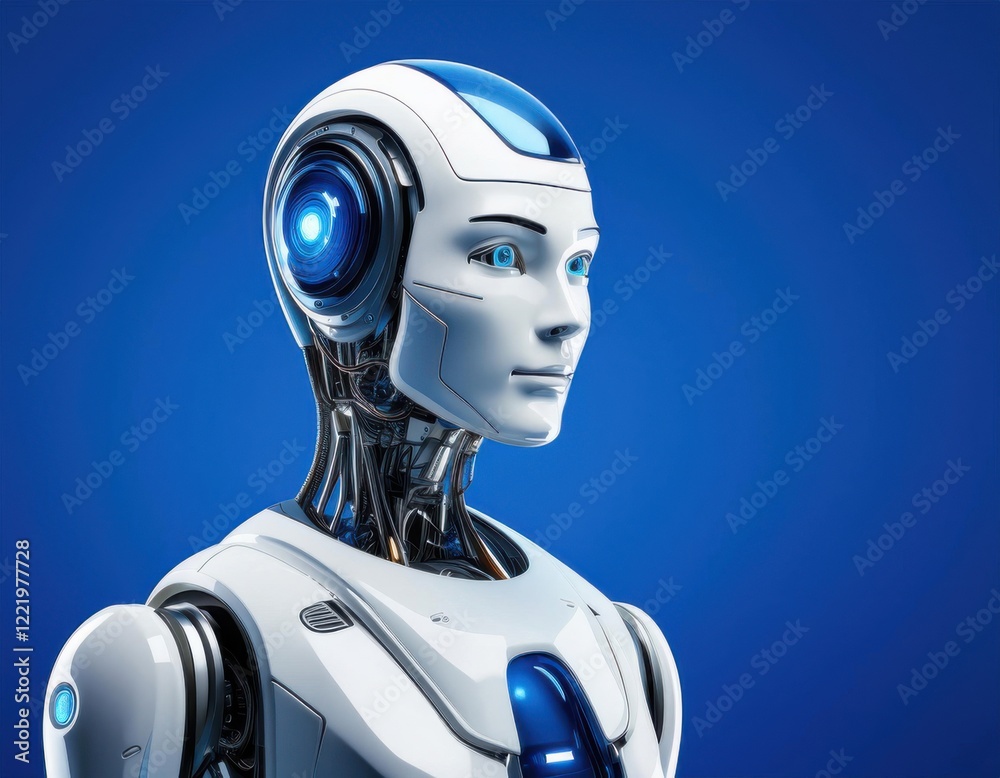 close up humanoid robot on isolated blue background close up humanoid robot on isolated blue background