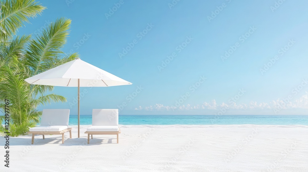 Tropical beach chairs under umbrella, ocean view. Relaxation, travel, vacation Tropical beach chairs under umbrella, ocean view. Relaxation, travel, vacation