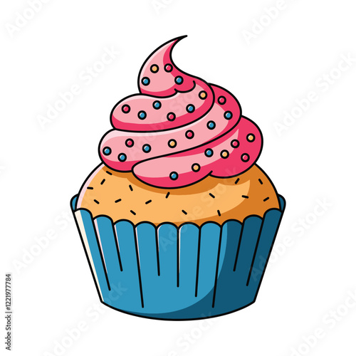 Cartoon cupcake icon vector illustration. Cute cupcake design with frosting and sprinkles, perfect for dessert, bakery, or sweet themed graphics.
