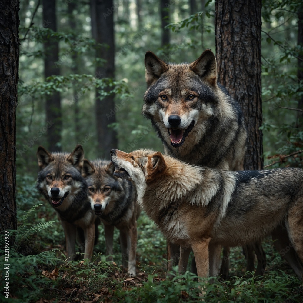 The survival instincts of a wolf pack in a forested area. The survival instincts of a wolf pack in a forested area.