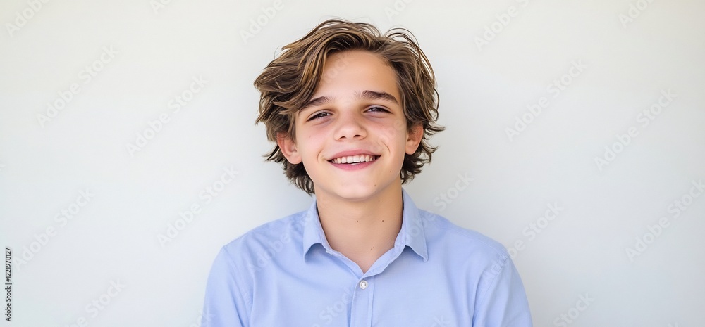 Happy teen boy portrait, indoors, white background Happy teen boy portrait, indoors, white background