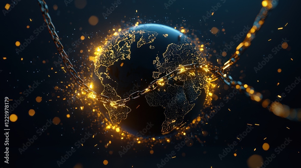 Abstract globe with glowing chains breaking apart symbolizing liberty Abstract globe with glowing chains breaking apart symbolizing liberty