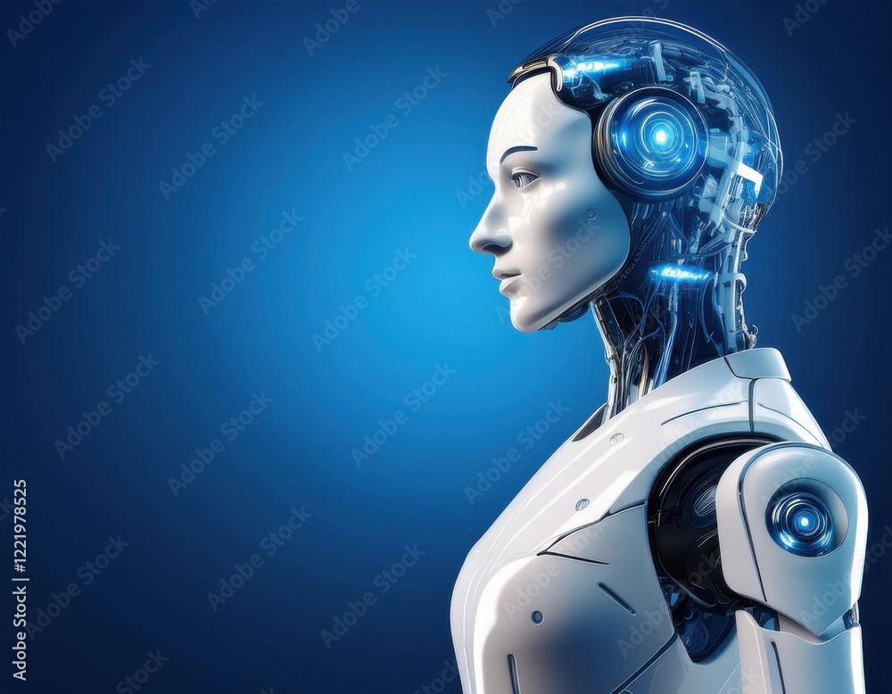 close up humanoid robot on isolated blue background close up humanoid robot on isolated blue background