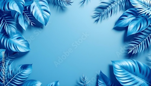 Blue tropical leaves framing the edges on a plain blue background, minimalist design with soft shadows and details.
