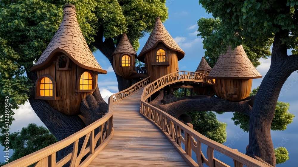 Obraz premium Enchanted treehouse village with wooden bridges and glowing windows