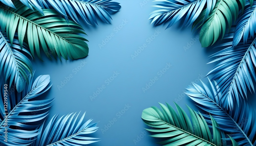 Fototapeta premium Blue tropical leaves framing the edges on a plain blue background, minimalist design with soft shadows and details.