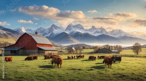 A pastoral farm landscape with grazing livestock, rolling fields, and majestic mountains in the backdrop, evoking a sense of timeless tranquility.
