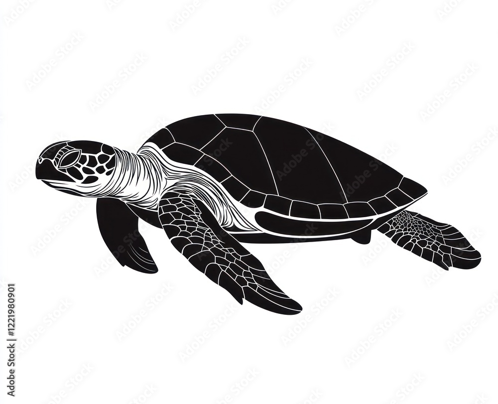 Fototapeta premium Black and white illustration of a sea turtle swimming