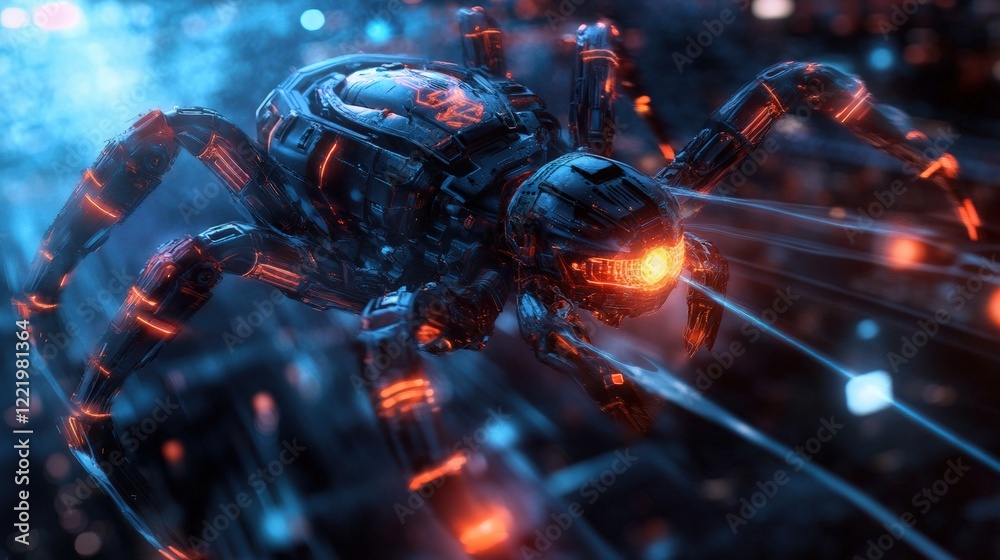 A robotic gladiator riding a massive cybernetic spider with energy-infused legs, spinning a holographic web in a high-tech arena A robotic gladiator riding a massive cybernetic spider with energy-infused legs, spinning a holographic web in a high-tech arena