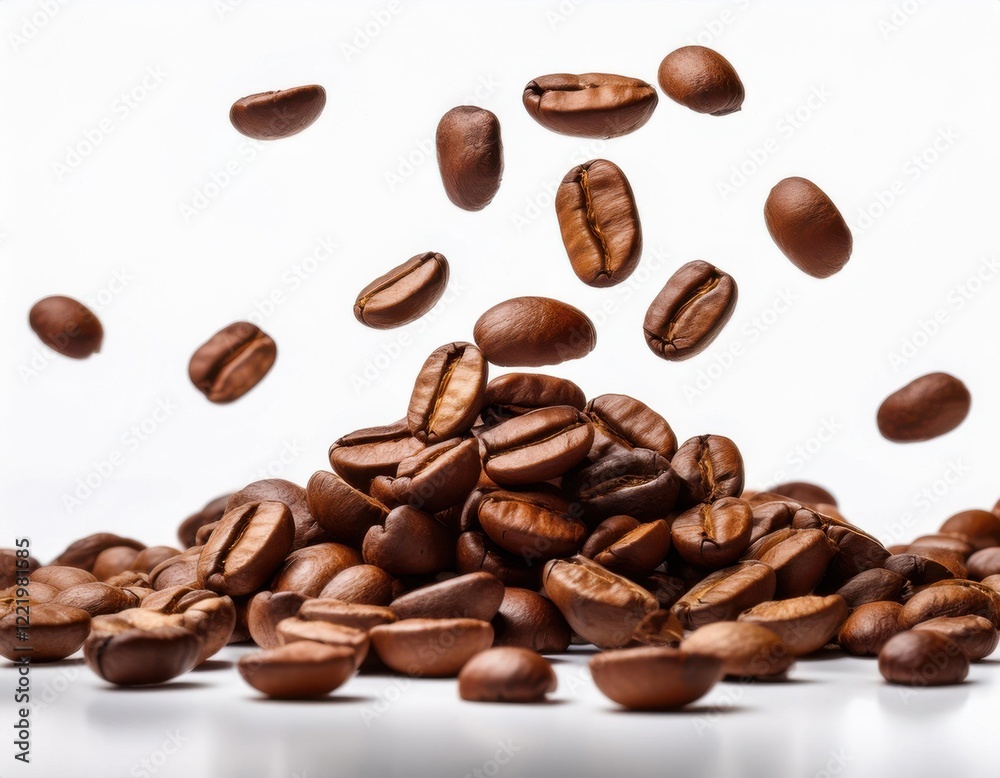 Falling coffee beans isolated on a solid white background Falling coffee beans isolated on a solid white background