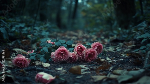 Fototapeta Naklejka Na Ścianę i Meble -  A bunch of pink roses are lying on the ground in a dark forest path