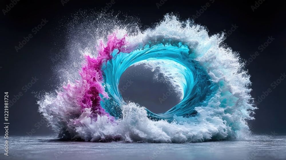 Fototapeta premium Vibrant blue water wave and pink powder explosion forming a circular vortex on a dark reflective background.