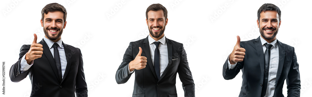 Cheerful businessman giving a thumbs-up dressed in formal wear isolated on a white or transparent background. Cheerful businessman giving a thumbs-up dressed in formal wear isolated on a white or transparent background.