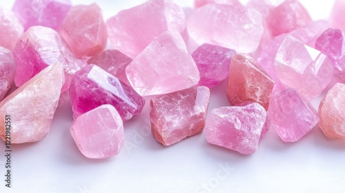 Beautiful array of raw pink rose quartz crystals on white background photo