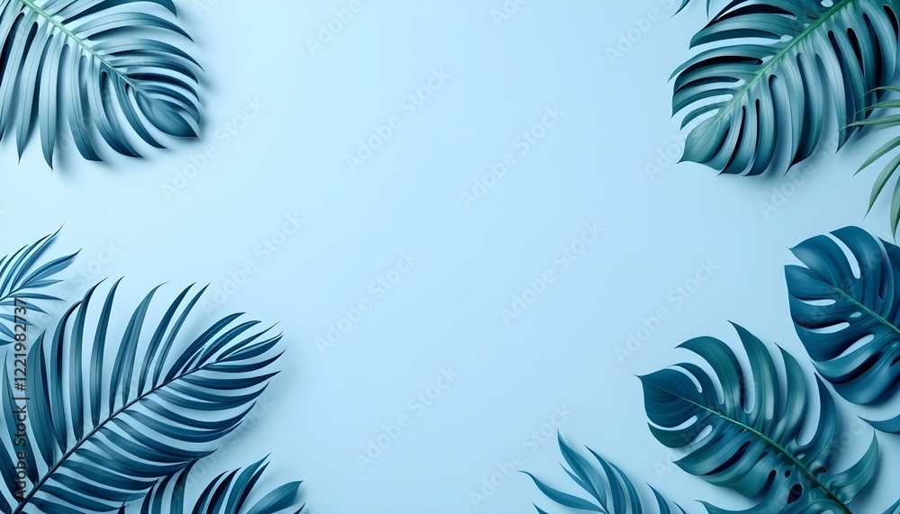 Fototapeta premium Blue tropical leaves framing the edges on a plain blue background, minimalist design with soft shadows and details.