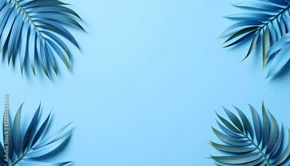 Fototapeta premium Blue tropical leaves framing the edges on a plain blue background, minimalist design with soft shadows and details.