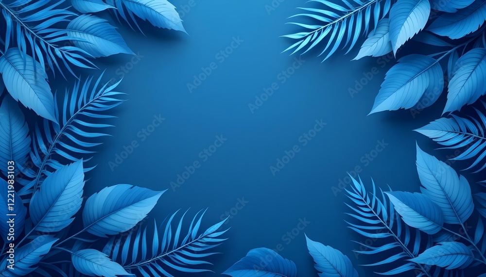Fototapeta premium Blue tropical leaves framing the edges on a plain blue background, minimalist design with soft shadows and details.