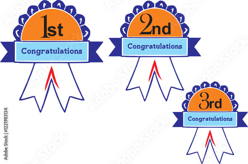 1st, 2nd, 3rd position medal. First, second third award winner badge guarantee winning prize ribbon. Medals, awards, ribbons for first, second, third place with round edges. photo