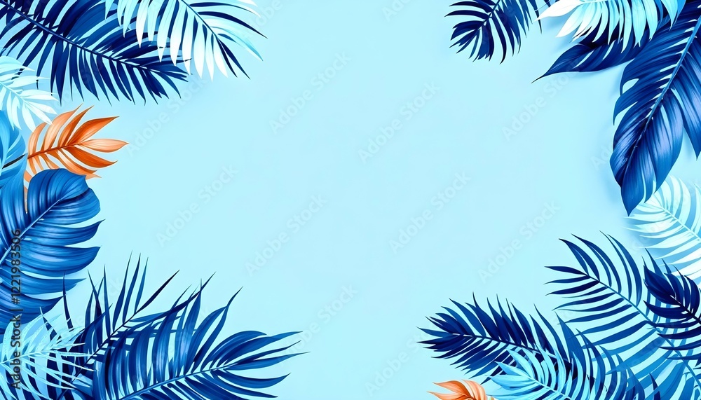 Naklejka premium Blue tropical leaves framing the edges on a plain blue background, minimalist design with soft shadows and details.