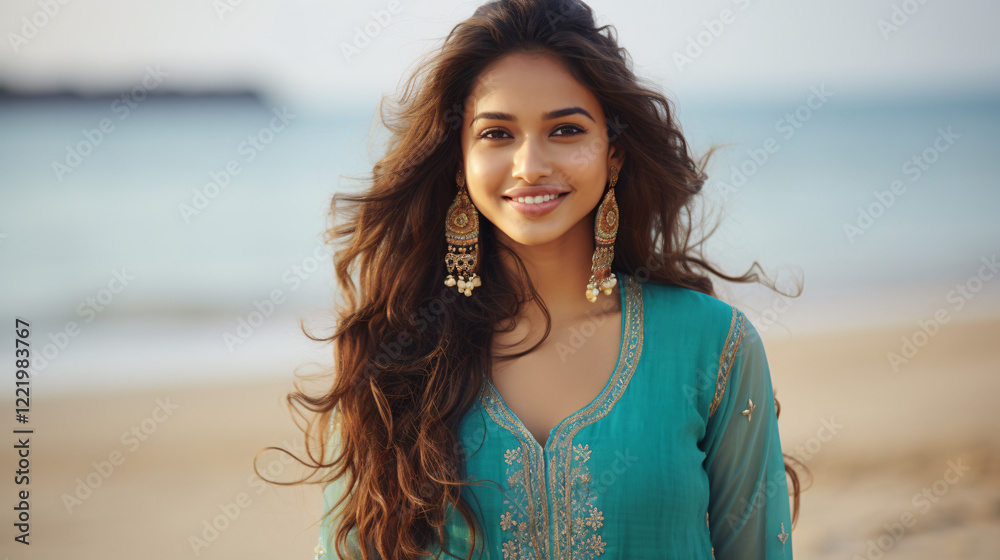 A stunning Indian girl in a turquoise kurta with mirror work, perfect for an ethnic cool picture with text space.
A stunning Indian girl in a turquoise kurta with mirror work, perfect for an ethnic cool picture with text space.