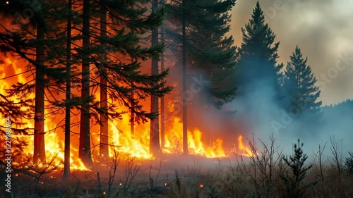 Intense forest fire engulfing trees with thick smoke and flames at dusk