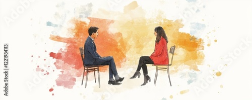 A watercolor illustration depicting a man and woman seated across from each other, engaged in conversation against a colorful abstract background.