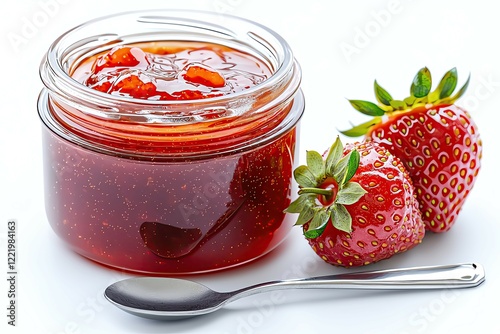 homemade strawberry jam in glass jar – delicious homemade strawberry jam with fresh berries – sweet breakfast homemade strawberry jam isolated on white