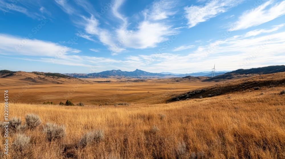 A scenic shot of wind turbines spinning in the distance, symbolizing renewable energy A scenic shot of wind turbines spinning in the distance, symbolizing renewable energy