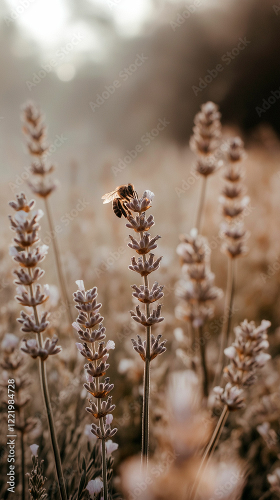 Fototapeta premium Honeybee gathers nectar from lavender flowers in a serene field during golden hour. Generative AI