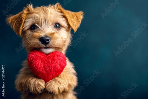 Lakeland terrier - my cherished dog. Cute lakeland terrier dog with fluffy red heart - emblem of love, funny greeting card. Ad idea. Puppy love. Pet valentine card designs. Love and devotion. photo