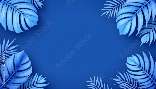 Wallpaper Mural Blue tropical leaves framing the edges on a plain blue background, minimalist design with soft shadows and details. Torontodigital.ca
