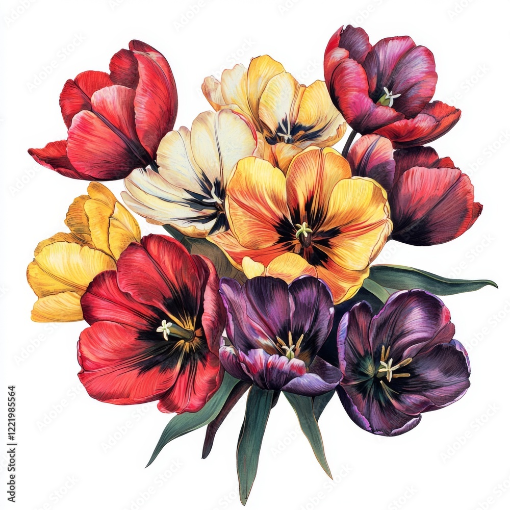 custom made wallpaper toronto digitalColorful Tulip Bouquet in Various Shades with Lush Green Leaves on a White Background