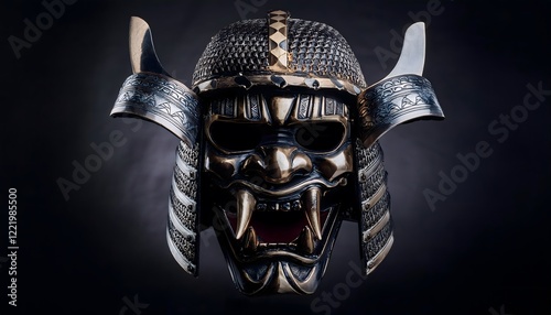 A samurai helmet with a black mask on it