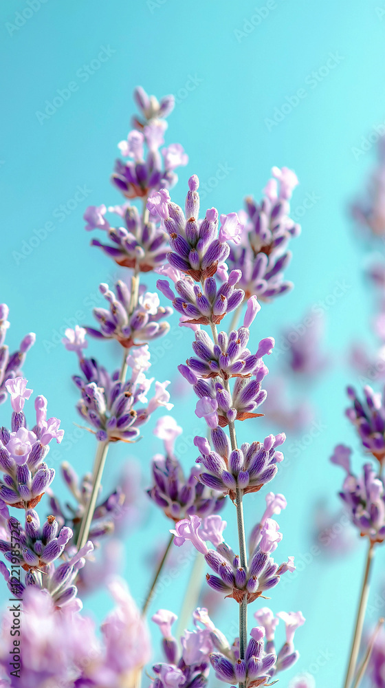 Fototapeta premium Lavender flowers blooming against a serene pastel gradient background in a sunny garden. Generative AI