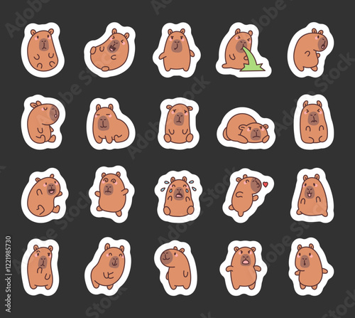 Charming set of capybara illustrations showcasing a variety of emotions and poses, with adorable kawaii cartoon characters expressing joy, sadness, curiosity, and more in unique and playful designs.