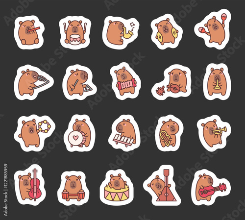 Adorable capybara orchestra set featuring, wind, string instruments, entertaining cartoon animals performing unique melodies and creating harmonious musical experiences with joyful performances