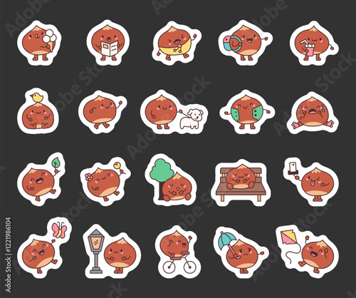 Set of chestnut characters enjoying park adventures with adorable activities, heartfelt emotions, charming animal, fun objects, and delightful poses in a kawaii cartoon style